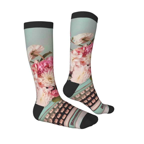 Daiia Sports Socks Vintage Typewriter Floral Printed Novelty Crew Socks for Men Women Knee High Socks Cotton Socks Soft & Breathable Support Unisex Socks