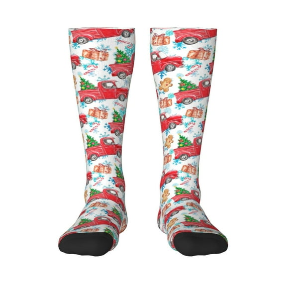 Daiia Sports Socks Watercolor Red Truck And Fir Tree Printed Novelty Crew Socks for Men Women Knee High Socks Cotton Socks Soft & Breathable Support Unisex Socks