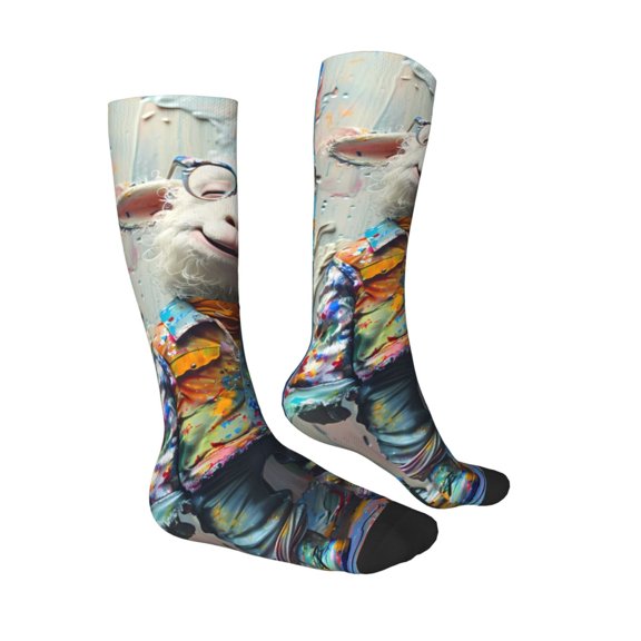 Daiia Sports Socks Whimsical Goat Artist Printed Novelty Crew Socks for Men Women Knee High Socks Cotton Socks Soft & Breathable Support Unisex Socks