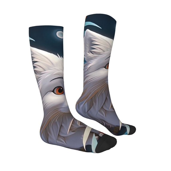 Daiia Sports Socks White Wolf With Flowers Printed Novelty Crew Socks for Men Women Knee High Socks Cotton Socks Soft & Breathable Support Unisex Socks