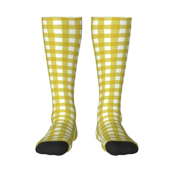 Daiia Sports Socks Yellow Checkboard Printed Novelty Crew Socks for Men Women Knee High Socks Cotton Socks Soft & Breathable Support Unisex Socks