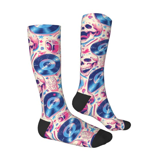 Daiia Sports Socks blue record rock Skull Printed Novelty Crew Socks for Men Women Knee High Socks Cotton Socks Soft & Breathable Support Unisex Socks