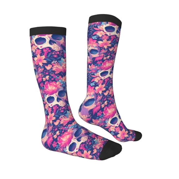Daiia Sports Socks cool Skull flower colorful Printed Novelty Crew Socks for Men Women Knee High Socks Cotton Socks Soft & Breathable Support Unisex Socks