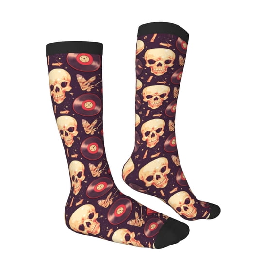 Daiia Sports Socks cool rock Skull record Printed Novelty Crew Socks for Men Women Knee High Socks Cotton Socks Soft & Breathable Support Unisex Socks
