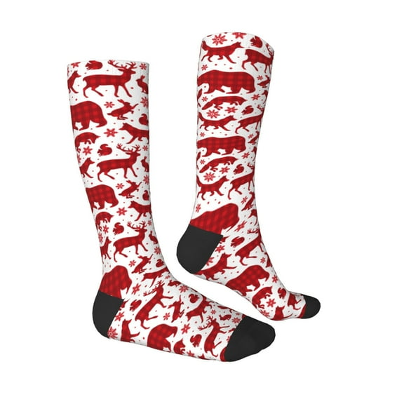 Daiia Sports Socks red plaid Moose Bunny bear Printed Novelty Crew Socks for Men Women Knee High Socks Cotton Socks Soft & Breathable Support Unisex Socks