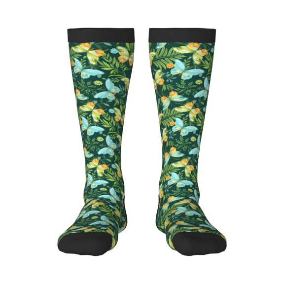 Daiia Sports Socks tropical butterflies and plants Printed Novelty Crew Socks for Men Women Knee High Socks Cotton Socks Soft & Breathable Support Unisex Socks