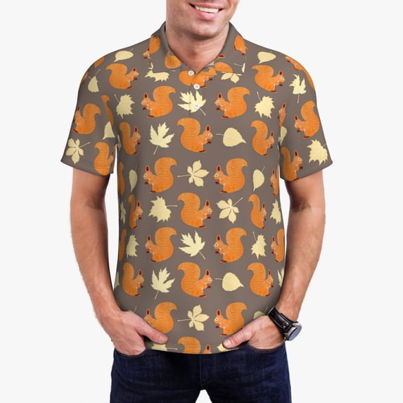 Daiia Squirrel And Maple Leaves Pattern Men’s Polo Shirts,Solid Deck Shirt,Classic Fit, Breathable Cotton Polo for Casual and Sport Wear-X-Large
