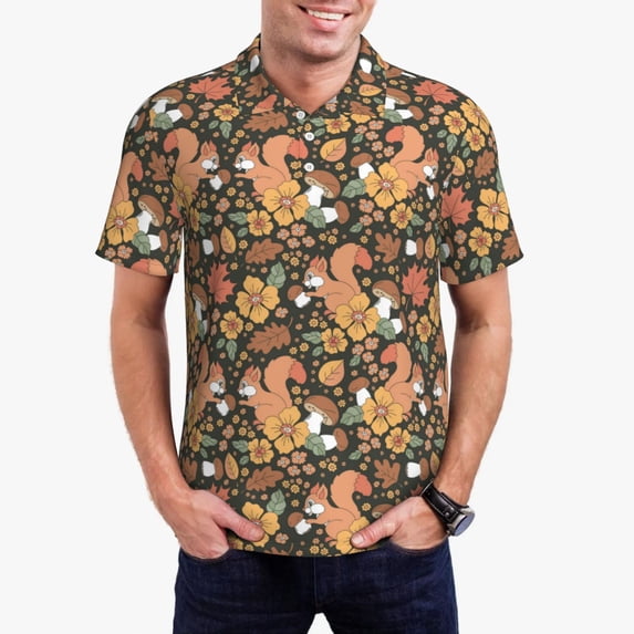 Daiia Squirrel Mushroom Yellow Flower Pattern Men’s Polo Shirts,Solid Deck Shirt,Classic Fit, Breathable Cotton Polo for Casual and Sport Wear-XX-Large
