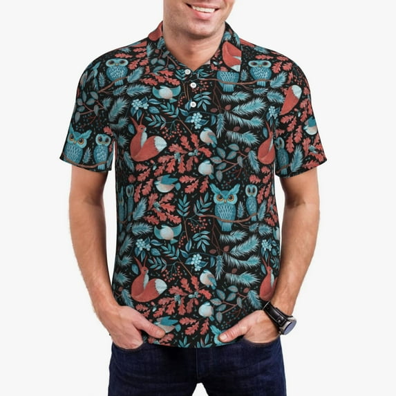 Daiia Squirrel Owl Autumn Maple Leaves Pattern Men’s Polo Shirts,Solid Deck Shirt,Classic Fit, Breathable Cotton Polo for Casual and Sport Wear-Medium
