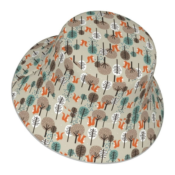 Daiia Squirrels and Trees Pattern Bucket Hat - Trendy Cotton Sun Hat for Beach, Golf, Fishing - Fun Outdoor Vacation Boonie for Men and Women