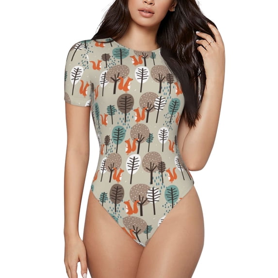 Daiia Squirrels and Trees print Women's Crew Neck Short Sleeve Bodysuit Fashion Tops Fit Casual Basic Extender Bodysuit-Medium
