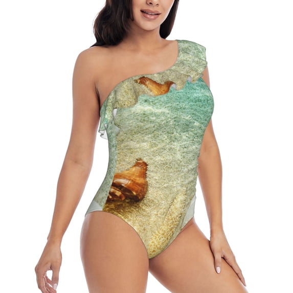 Daiia Starfish And Seashell On The Beach Women's One Piece Swimsuits Personalized One Shoulder Swimwear Asymmetric Ruffle Bathing Suits-Small