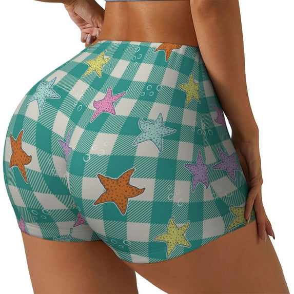 Daiia Starfish On Checkered Background Pattern Women's Workout Shorts Biker Shorts - High Waisted Workout Spandex Tummy Control Gym Running Yoga Shorts-Small