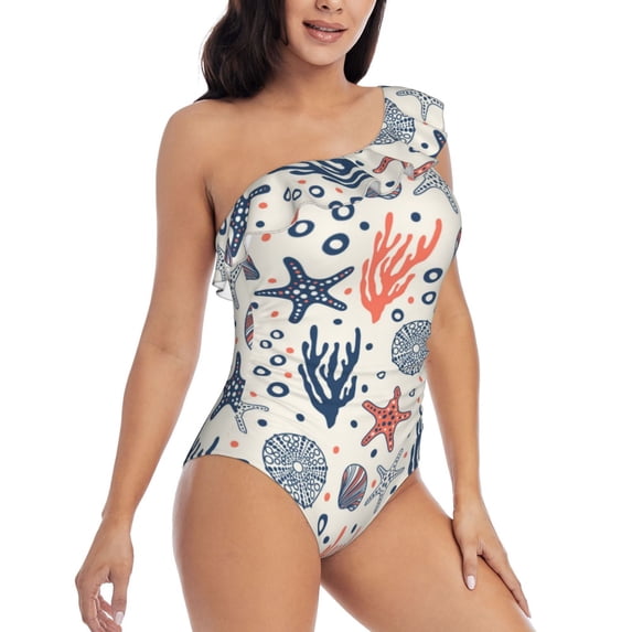 Daiia Starfish Shell Women's One Piece Swimsuits Personalized One Shoulder Swimwear Asymmetric Ruffle Bathing Suits-Medium