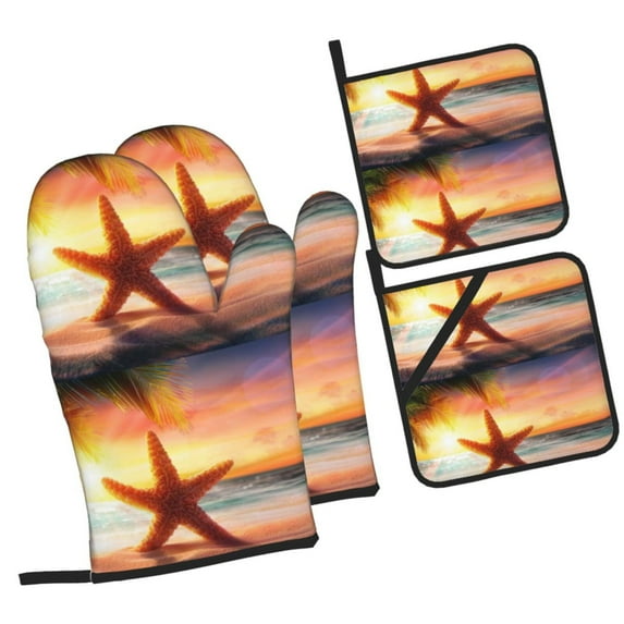Daiia Starfish Sunset Sea Beach Pattern Oven Mitts and Pot Holders 4 pcs Set,High Heat Resistant 500 Degree Extra Thicken Long Kitchen Cotton Oven Glove