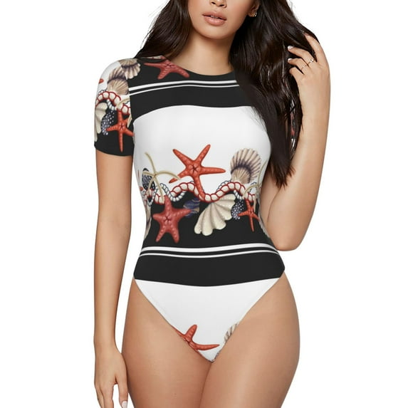Daiia Starfishes Shells print Women's Crew Neck Short Sleeve Bodysuit Fashion Tops Fit Casual Basic Extender Bodysuit-Large