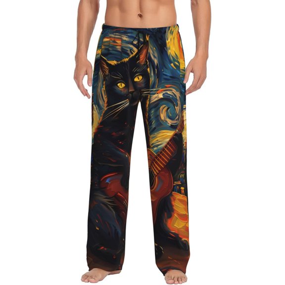 Daiia Starry Night Cat Guitarist Men's Sleep Pant with Pockets and Drawstring,Pajama Pants-Small