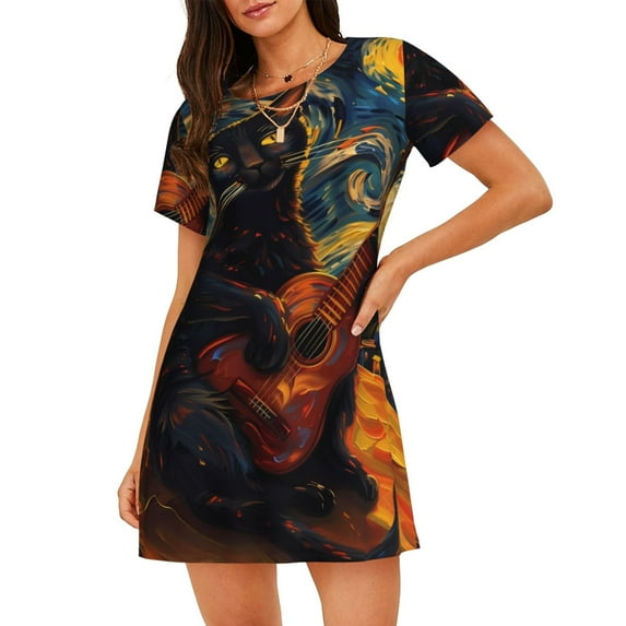 Daiia Starry Night Cat Guitarist Print Women's Nightshirt Soft Nightgowns for Women Short Sleeve dress Short-sleeved Sleepwear