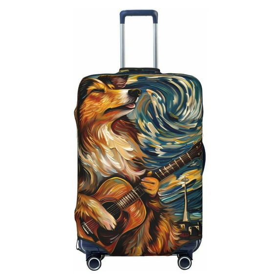 Daiia Starry Night Guitar Dog Luggage Cover, Thickened Washable Travel Luggage Covers, Elastic Unique Baggage Covers for 18-20 inch Luggage-Medium
