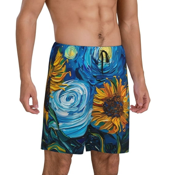 Daiia Starry Night Sunflower Field Mens Woven Stretch Pajama Short,Short Pajama Pants-Large