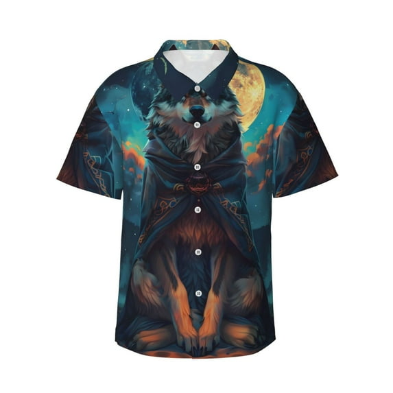 Daiia Starry Sky Moon Wolf Leader Hawaiian Shirt for Men Gentle Cotton Regular Short Sleeve Casual-X-Large