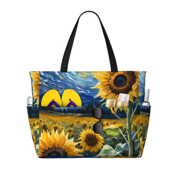 Daiia Starry Sky Sunflower Beach Travel Bag - Water-Resistant Beach Bag, Lightweight Tote with 7 Pockets for Women and Men - Gym,Pool,Camping,Reusable Grocery Bag