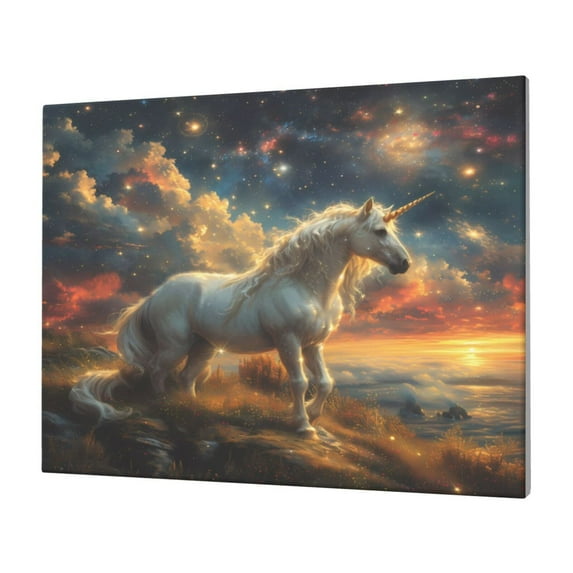 Daiia Starry Sky White Horse Print Canvas Decorative Picture – 30x40in Artistic Wall Art, Ready-to-Hang Canvas Print for Living Room（Horizontal）
