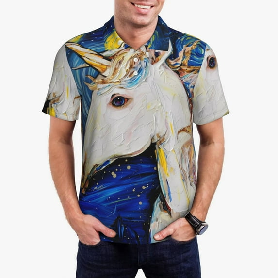 Daiia Starry White Horse Pattern Men’s Polo Shirts,Solid Deck Shirt,Classic Fit, Breathable Cotton Polo for Casual and Sport Wear-X-Large