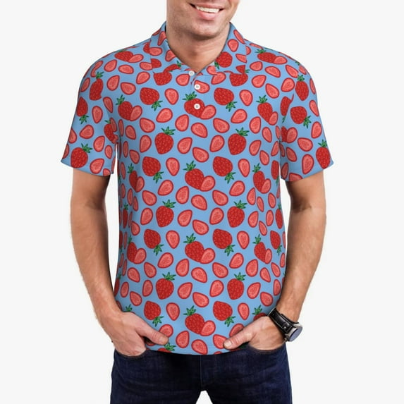 Daiia Strawberries Pattern Men’s Polo Shirts,Solid Deck Shirt,Classic Fit, Breathable Cotton Polo for Casual and Sport Wear-3X-Large
