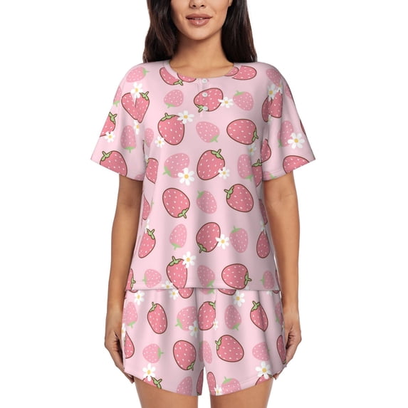 Daiia Strawberries Pattern Womens Pajama Sets Short Sleeve Pajamas for Women Sets Soft Lounge Sets Casual Round Neck Sleepwear PJS-4X-Large