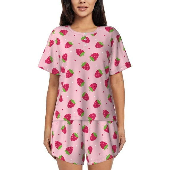 Daiia Strawberries Pattern Womens Pajama Sets Short Sleeve Pajamas for Women Sets Soft Lounge Sets Casual Round Neck Sleepwear PJS-Medium
