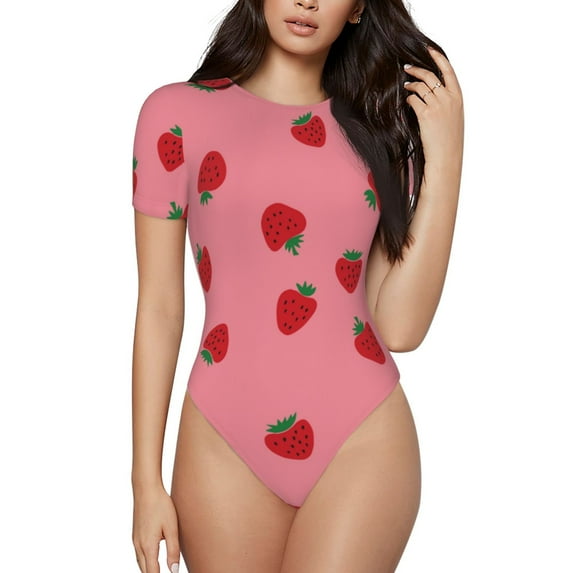 Daiia Strawberries print Women's Crew Neck Short Sleeve Bodysuit Fashion Tops Fit Casual Basic Extender Bodysuit-Large