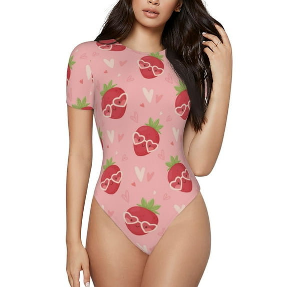 Daiia Strawberries print Women's Crew Neck Short Sleeve Bodysuit Fashion Tops Fit Casual Basic Extender Bodysuit-X-Large