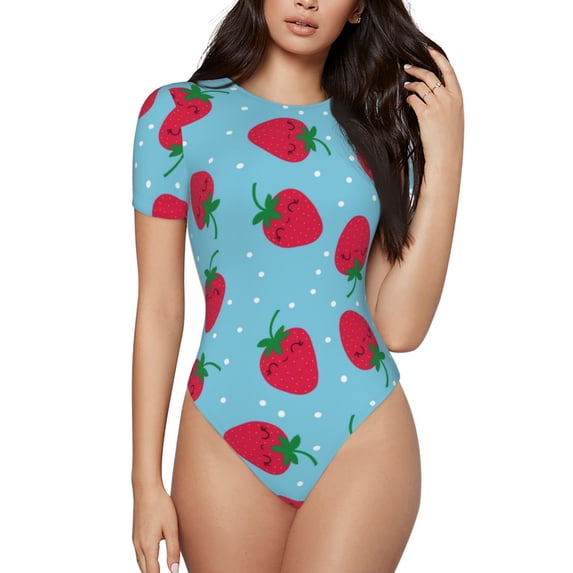 Daiia Strawberries print Women's Crew Neck Short Sleeve Bodysuit Fashion Tops Fit Casual Basic Extender Bodysuit-XX-Large