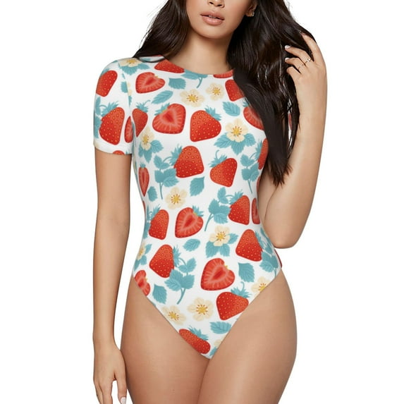 Daiia Strawberries print Women's Crew Neck Short Sleeve Bodysuit Fashion Tops Fit Casual Basic Extender Bodysuit-XX-Large