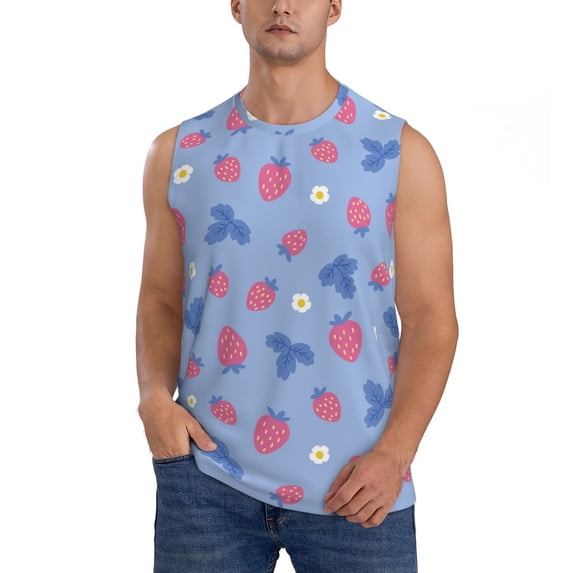 Daiia Strawberry And Flowers Printed Men's Tank Tops,Casual Soft Sleeveless Gym Muscle Shirts Bodybuilding Tee-Large