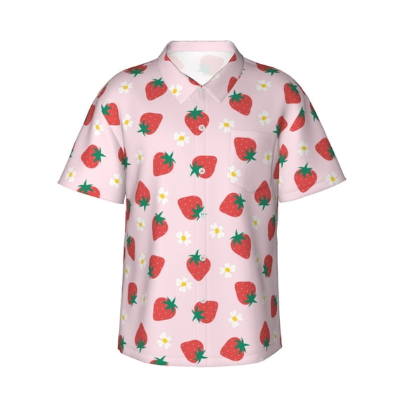 Daiia Strawberry Floral Hawaiian Shirt for Men Gentle Cotton Regular Short Sleeve Casual-Large