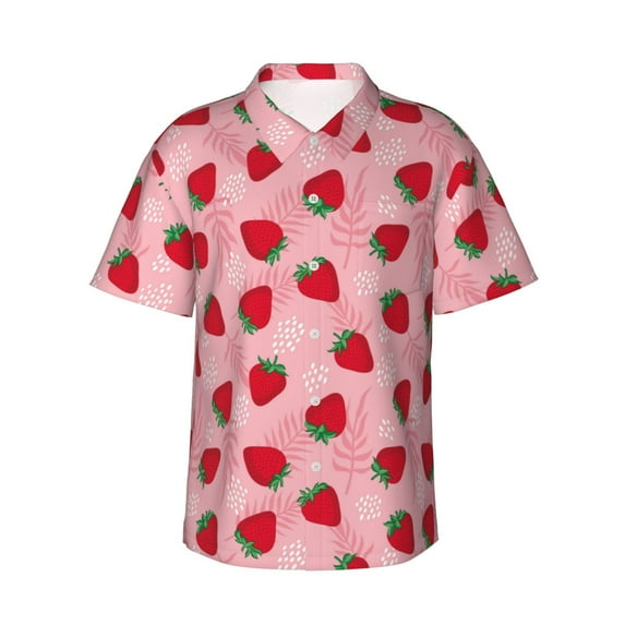Daiia Strawberry Hawaiian Shirt for Men Gentle Cotton Regular Short Sleeve Casual-Large