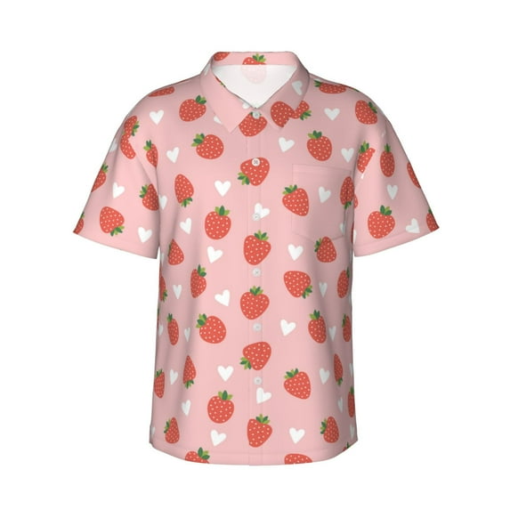 Daiia Strawberry Hawaiian Shirt for Men Gentle Cotton Regular Short Sleeve Casual-Large