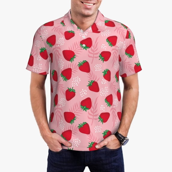 Daiia Strawberry Pattern Men’s Polo Shirts,Solid Deck Shirt,Classic Fit, Breathable Cotton Polo for Casual and Sport Wear-Small