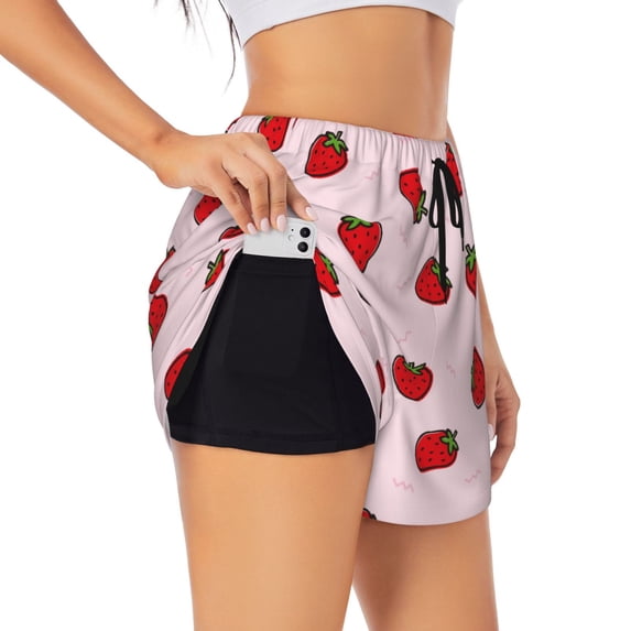 Daiia Strawberry Pattern Women's 2 in 1 Running Shorts - Lightweight Athletic Workout Gym Yoga Shorts Liner with Phone Pockets-Medium