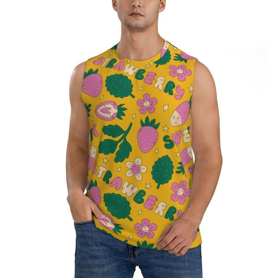 Daiia Strawberry Printed Men's Tank Tops,Casual Soft Sleeveless Gym Muscle Shirts Bodybuilding Tee-Large