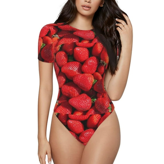 Daiia Strawberry Red print Women's Crew Neck Short Sleeve Bodysuit Fashion Tops Fit Casual Basic Extender Bodysuit-X-Large