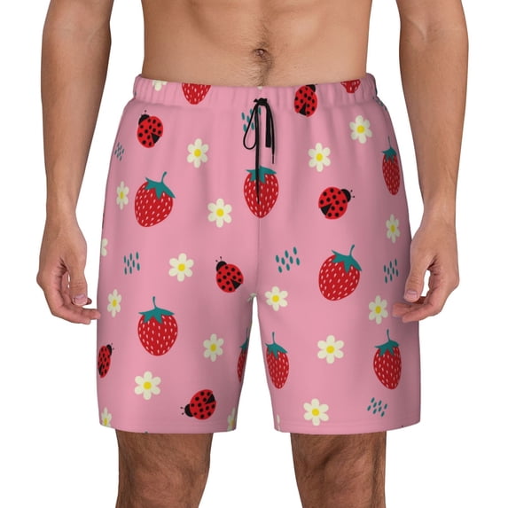 Daiia Strawberry and Ladybugs Mens Swim Trunks Swim Shorts Quick Dry Swim Shorts with Mesh Lining Pockets-XX-Large