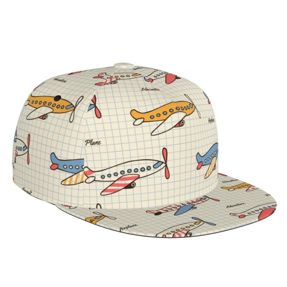 Daiia Striped Vintage Planes print Flat Bill Hats Flat Brim Trucker Cap Baseball Cap Adjustable Classic Low Profile Hat Unconstructed Plain Cap