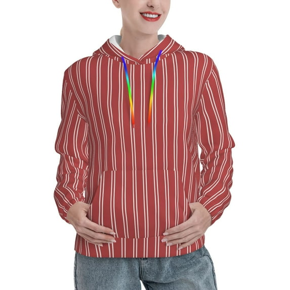 Daiia Stripes Red White Pattern Women's Fashion Hoodies & Sweatshirts with Kangaroo Pocket Hooded Sweatshirt with Eye-catching Drawstrings-Large