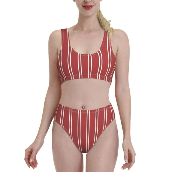 Daiia Stripes Red White printed 2 piece Swimsuit Bikinis for Women High Waisted Racerback Bathing Suits Summer Tummy Control Scoop Neck Swimwear-Small