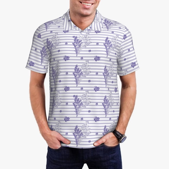 Daiia Stripes and Sprigs of Lavender Pattern Men’s Polo Shirts,Solid Deck Shirt,Classic Fit, Breathable Cotton Polo for Casual and Sport Wear-4X-Large
