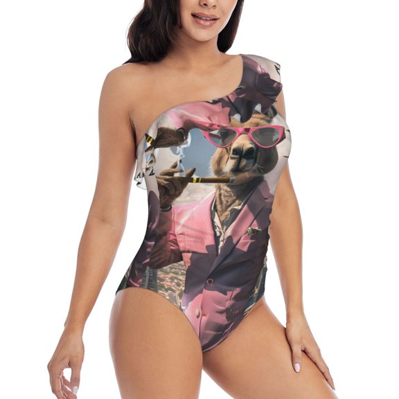 Daiia Stylish Kangaroo In Suit Women's One Piece Swimsuits Personalized One Shoulder Swimwear Asymmetric Ruffle Bathing Suits-Large