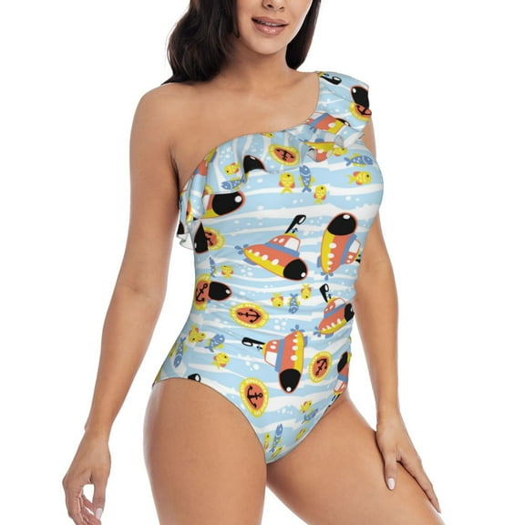 Daiia Submarine With Fishes Undersea Women's One Piece Swimsuits Personalized One Shoulder Swimwear Asymmetric Ruffle Bathing Suits-Medium